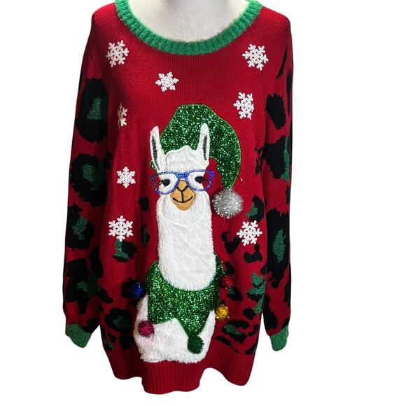 33 Degrees Llama Ugly Christmas Sweater XL Red Green Glitter Pom Pom Funny - Picture 1 of 6